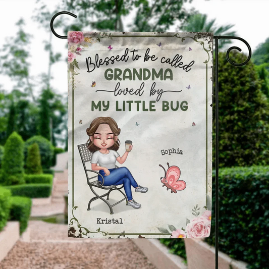 Personalized Grandma Flag Sign - Gift Idea For Grandma - Up to 10 Kids - Blessed To Be Called Grandma Loved By My Little Bugs
