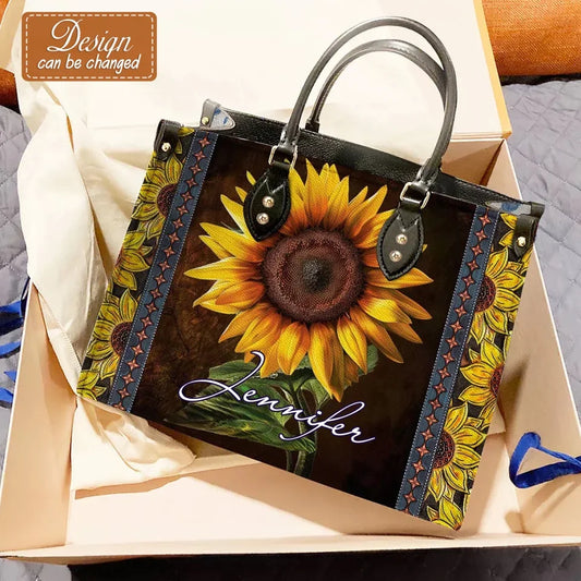 Personalized Sunflower PU Leather Handbag With Long Straps - Gift Idea For Woman/Grandma/Mom/Daughter/Friend/Wife
