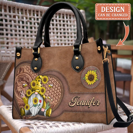 Personalized Bee Sunflower Hippie Gnome PU Leather Handbag With Long Straps - Gift Idea For Grandma/Mom/Wife/Friend