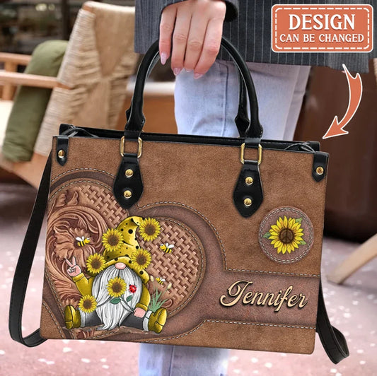 Personalized Bee Sunflower Hippie Gnome PU Leather Handbag With Long Straps - Gift Idea For Grandma/Mom/Wife/Friend