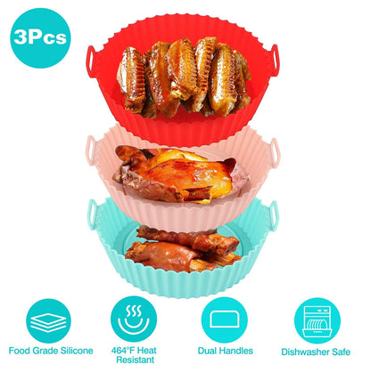3Pcs Reusable Foldbale Air Fryer Silicone Pot 464¡F Heat Resistant Round Replacement of Parchment Liners 3 Food Grade Baking Basket Pans for 4+Quart A