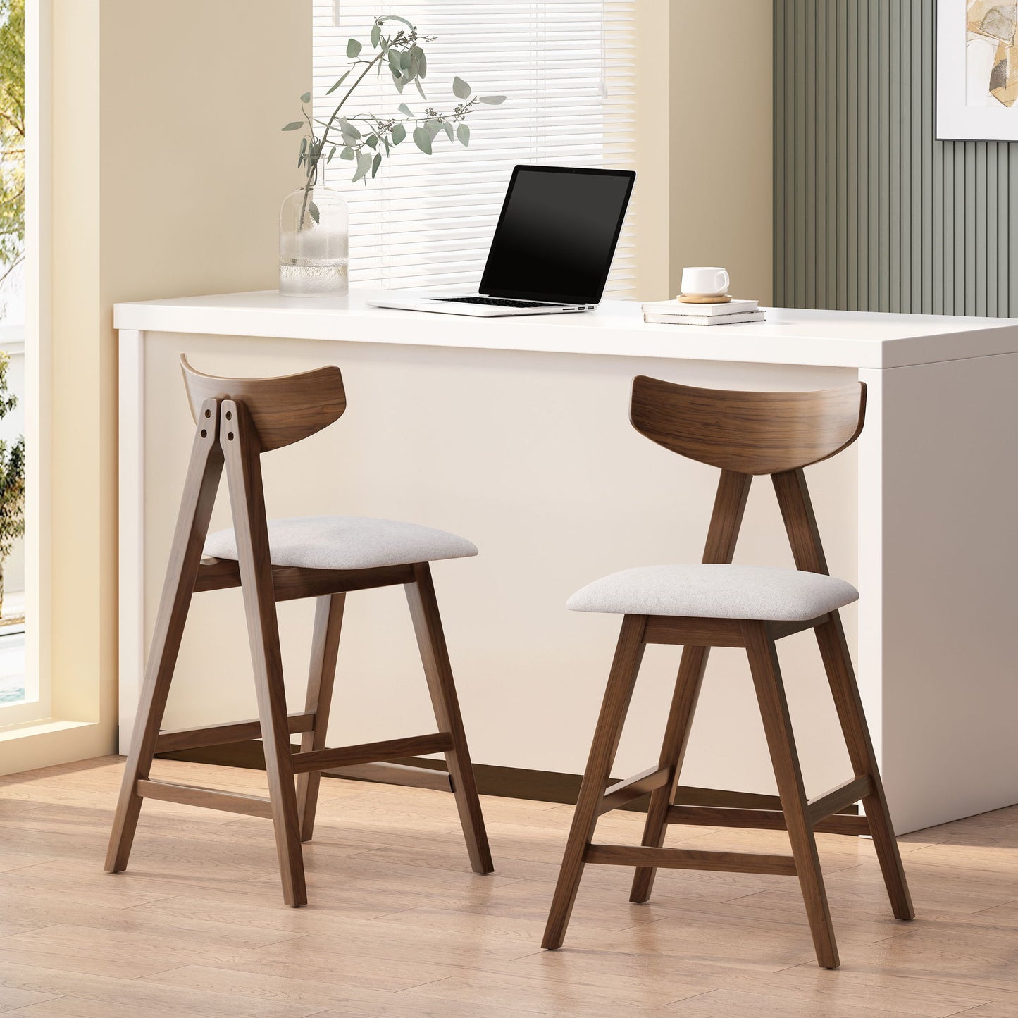 Mid Century Modern Counter Stool With V Shape Frame And Upholstered Seating