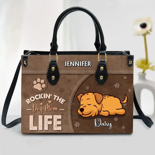 Personalized Dog Mom PU Leather Handbag With Long Straps - Up to 7 Dogs - Rockin' The Dog Mom Life - Mother's Day Gift Idea For Dog Lovers