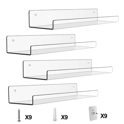 4 Pack 15In Clear Acrylic Floating Shelves Bookshelves with 2 Mounting Ways Wall Mounted Organizer for Kitchen Bathroom Study Living Room Bedroom Offi