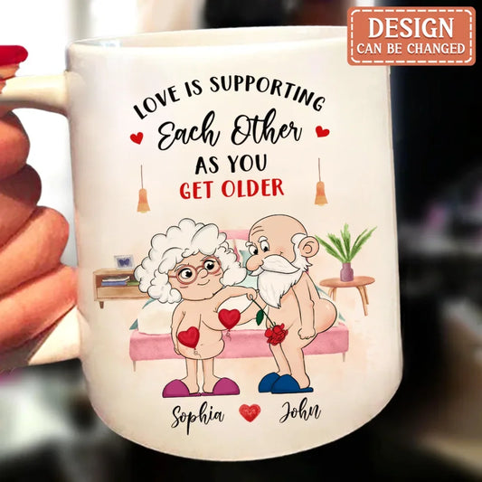 Personalized Funny Old Couple Coffee Mug - Gift Idea For Couple - Love Is Supporting Each Other As You Get Older