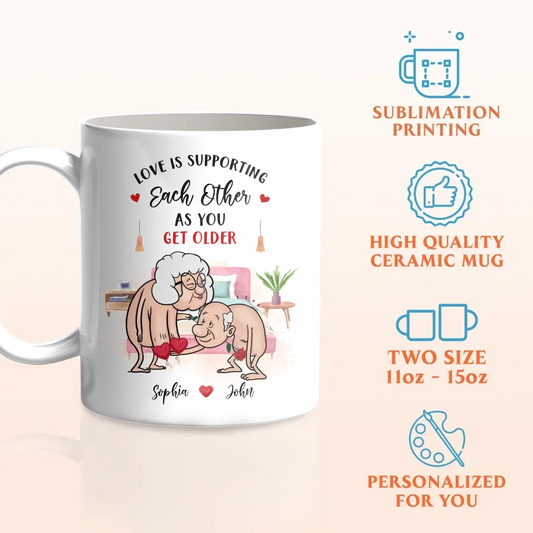 Personalized Old Couple Coffee Mug - Gift Idea For Couple - Love Is Supporting Each Other As You Get Older