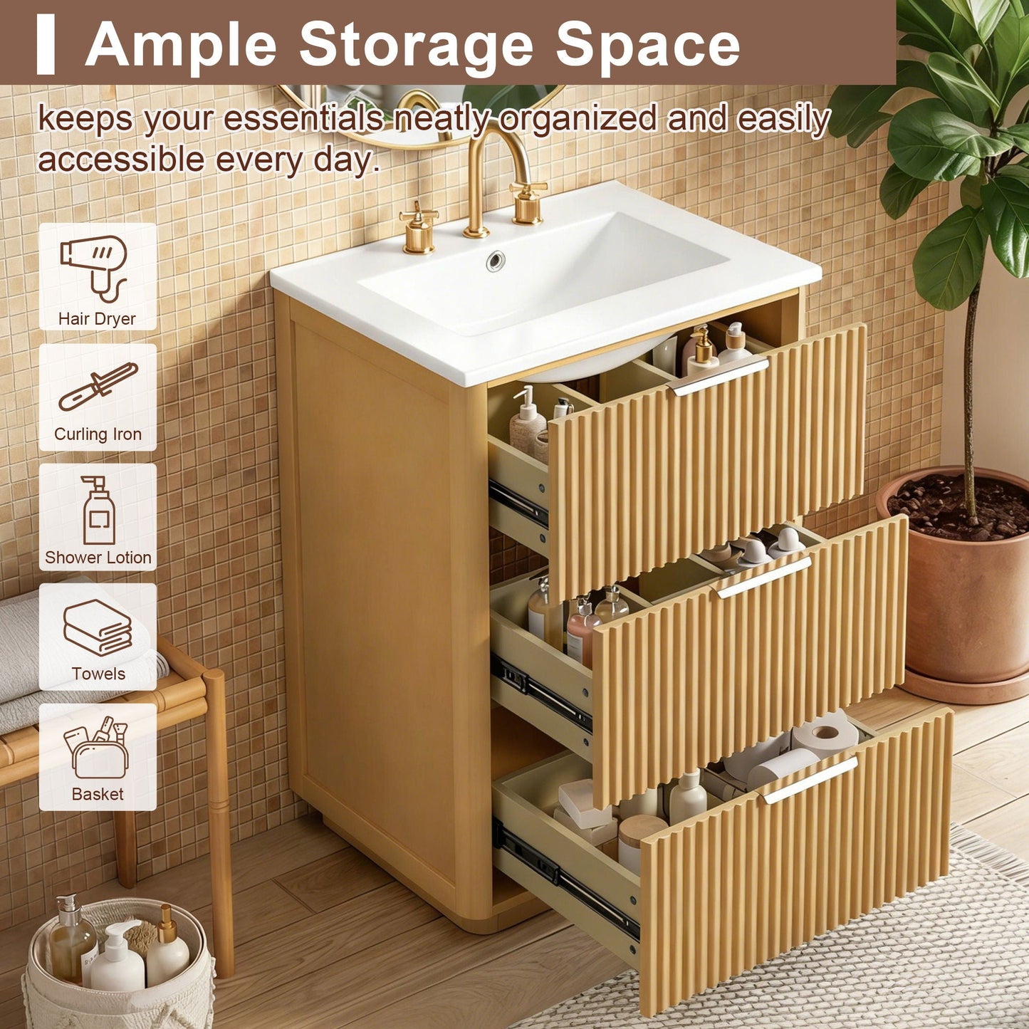 Bathroom Vanity With Sink, Open Shelf & Closed Storage - Natural Wood