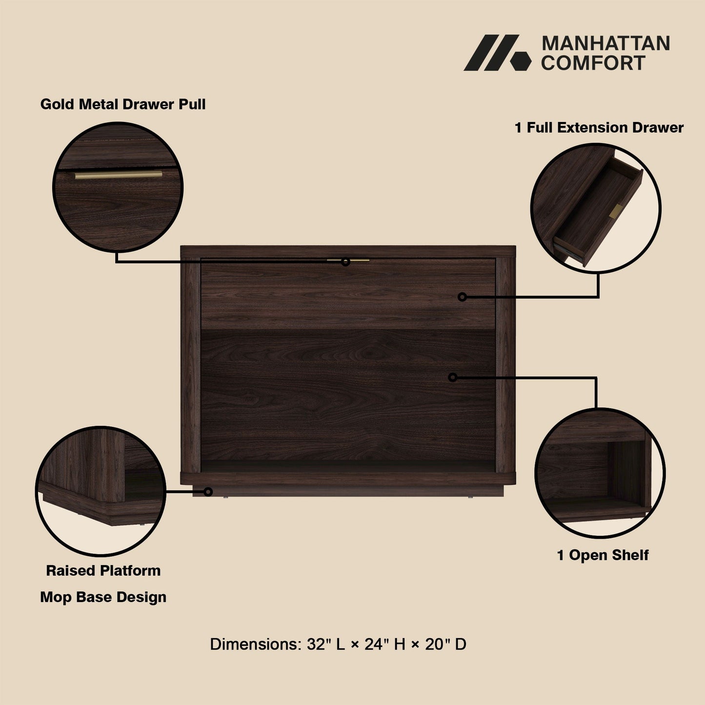 Evelyn - Nightstand With 1 Drawer And Open Shelf