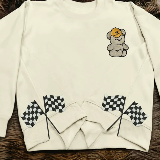 Formula 1 Team Bear, Checkered Racing Flags Side Bow Embroidered Sweatshirt