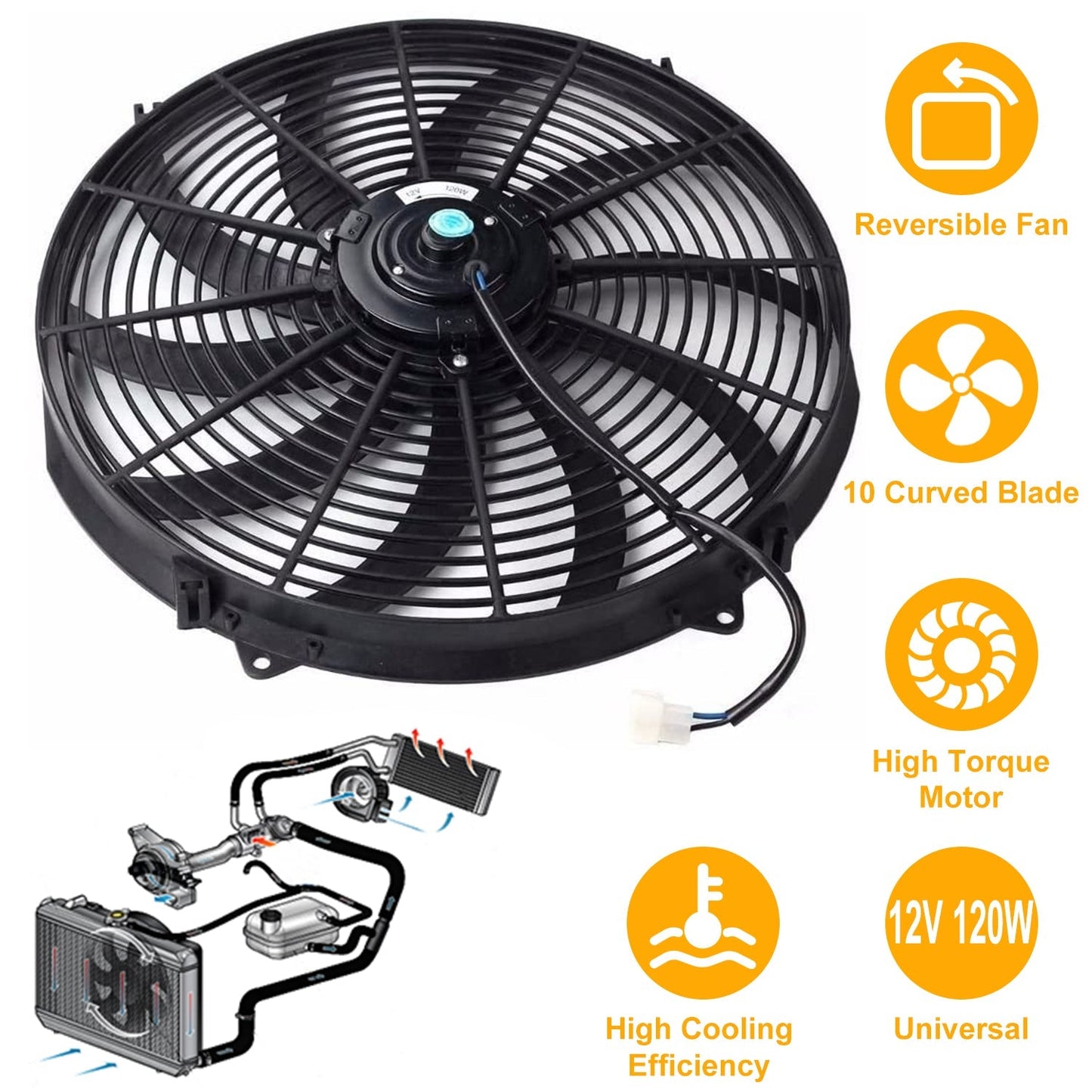 16 Inch Electric Radiator Cooling Fan 12V 120W 10 Blades Car Thermostat Kit w/ Mounting Kit