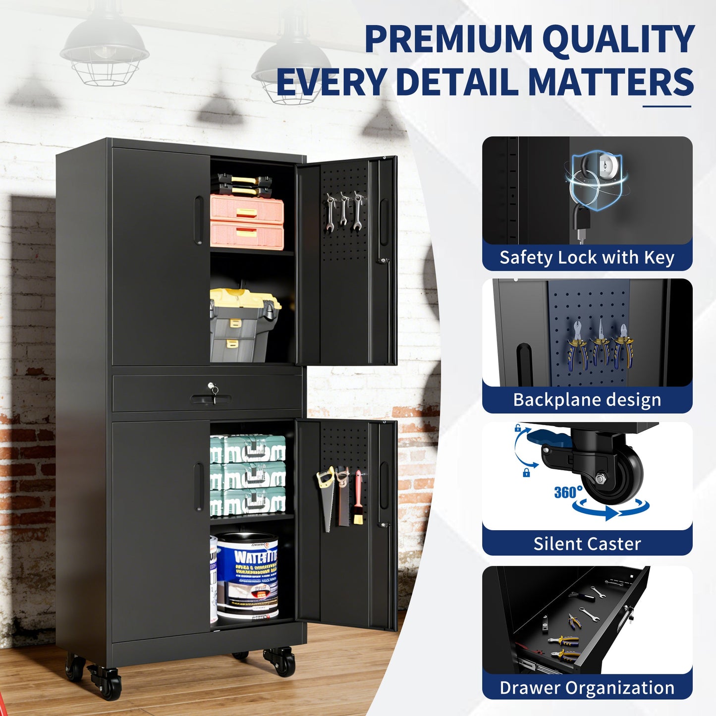 Metal Storage Cabinet with Drawer, Locking Doors, and Rolling Wheels