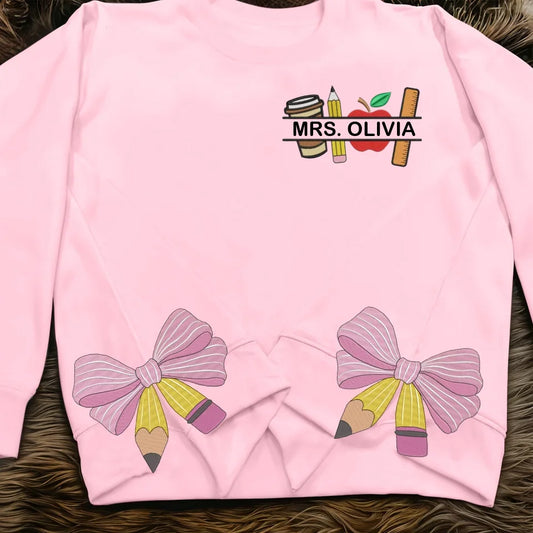 Personalized Teacher Side Bow Embroidered Sweatshirt - Gift Idea For Teacher/Birthday - Custom Name