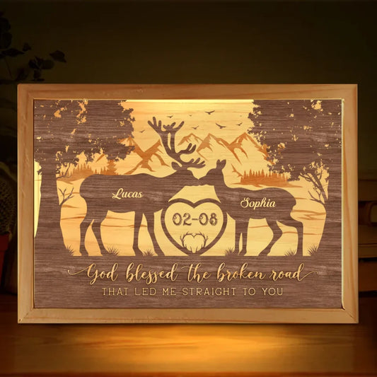 Personalized Deer Couple Frame Light Box - Valentine Gift Idea For Couple/Husband/Wife - God Blessed The Broken Road That Led Me Straight To You
