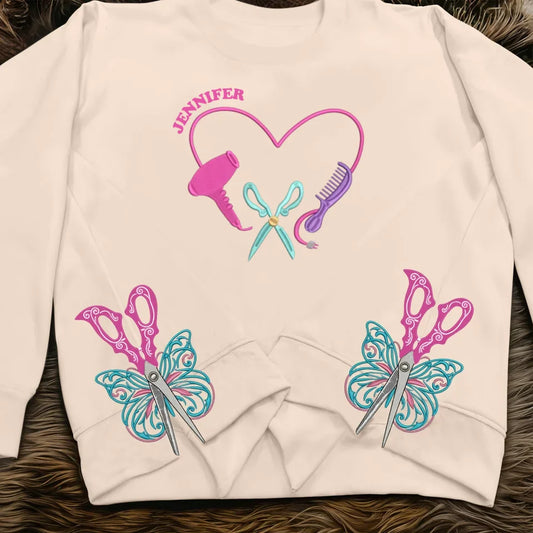 Custom Name Hair Stylist Embroidered Side Split Sweatshirt - Gift Idea For Hairdresser