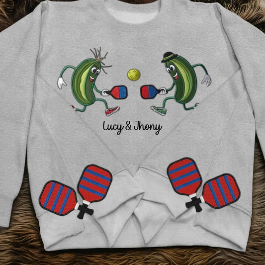 Custom Name Funny Pickles Playing Pickleball Embroidered Side Split Sweatshirt - Perfect Gift For Sports Lovers