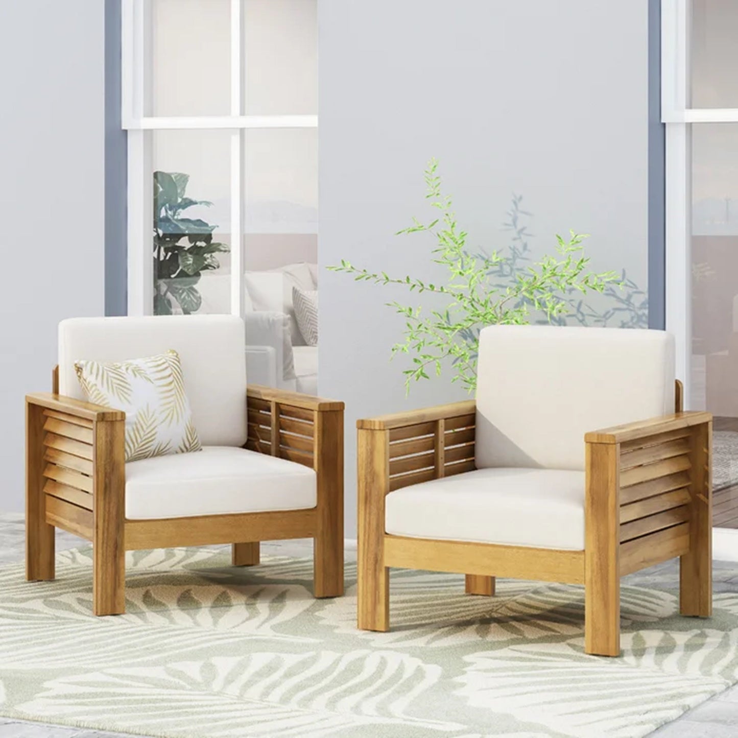Set of 2 Outdoor Acacia Wood Club Chairs with Cushions