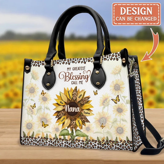 Personalized Grandma Sunflower PU Leather Handbag With Long Straps - Gift For Grandma/Mom - My Greatest Blessings Call Me Nana