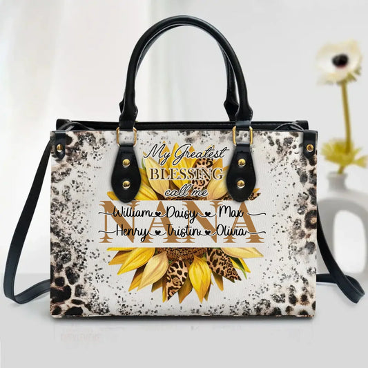 Custom Grandma Leather Handbag With Long Straps - Mother's Day Gift Idea To Mom/ Grandma - My Greatest Blessing Call Me Nana