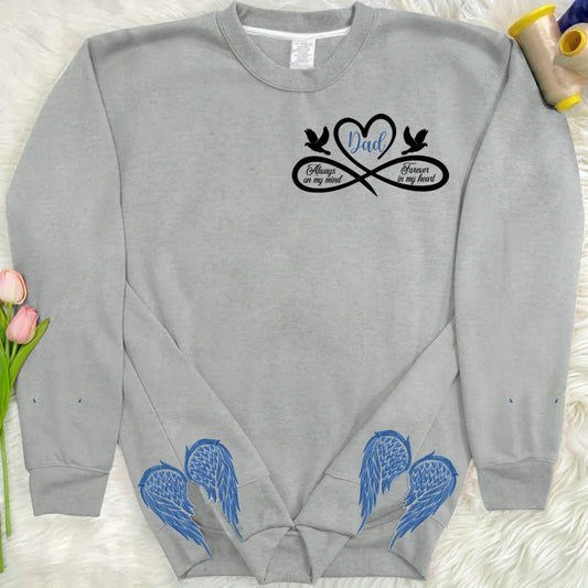 Personalized Memorial Side Bow Split Embroidered Sweatshirt - Always On My Mind Forever In My Heart - Memorial Gift Idea For Loss Of Dad/Mom
