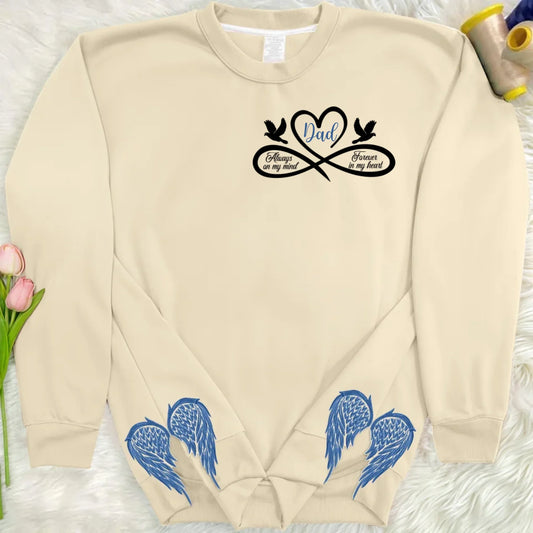 Personalized Memorial Side Bow Split Embroidered Sweatshirt - Always On My Mind Forever In My Heart - Memorial Gift Idea For Loss Of Dad/Mom