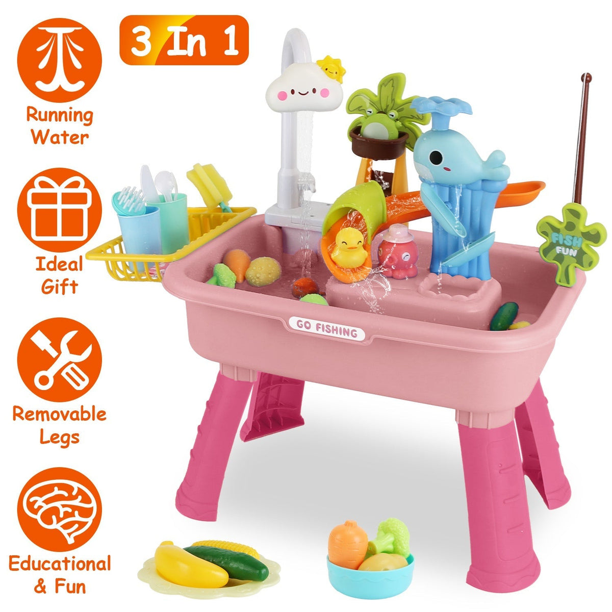 3 In 1 Kitchen Sink Toy with Electric Faucet Water Table Fishing Game Role Play Sink Set Indoor Outdoor for Kids Aged 3+ Years Old