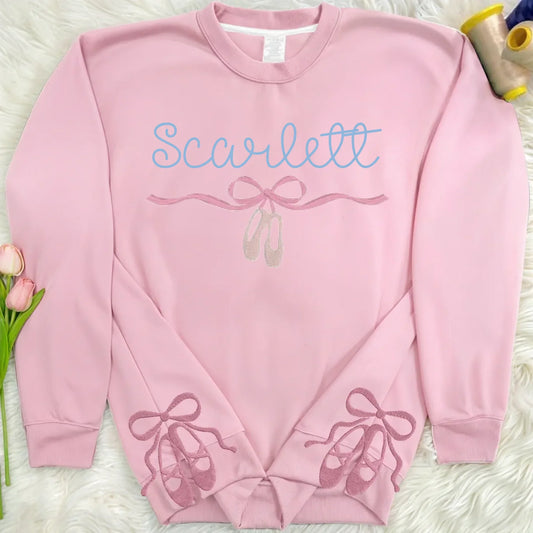 Custom Name Ballet Shoes Dancer Embroidered Split Side Bow Sweatshirt - Gift Idea For Daughter/Birthday/Ballet Lover