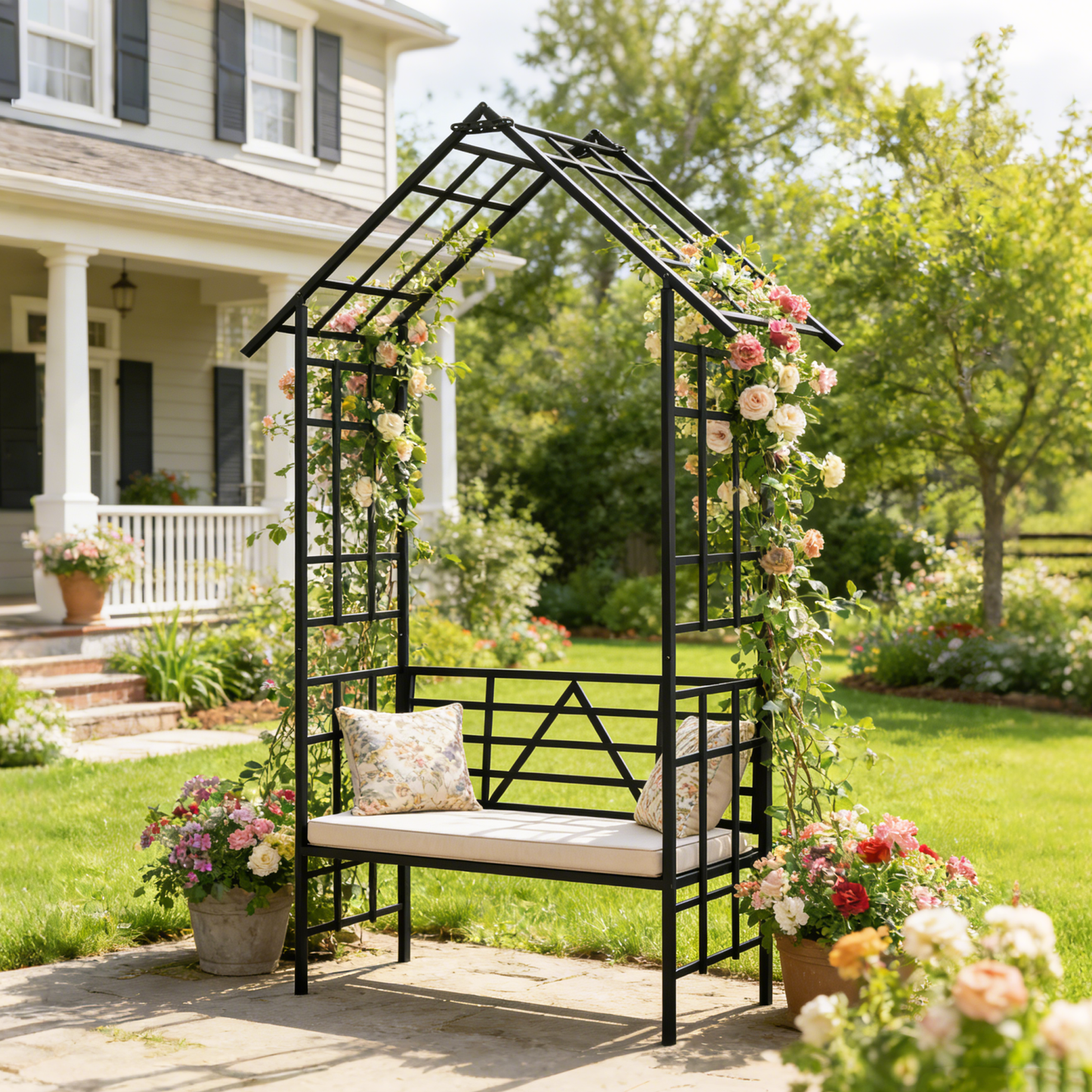 Metal Garden Arch with Bench Turned into Flower Stand