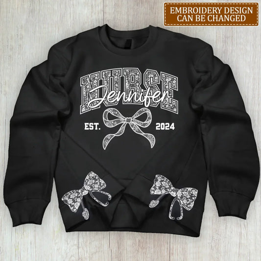 Custom Name And Year Coquette Nurse Split Side Bow Embroidered Sweater - Gift Idea For Nurse