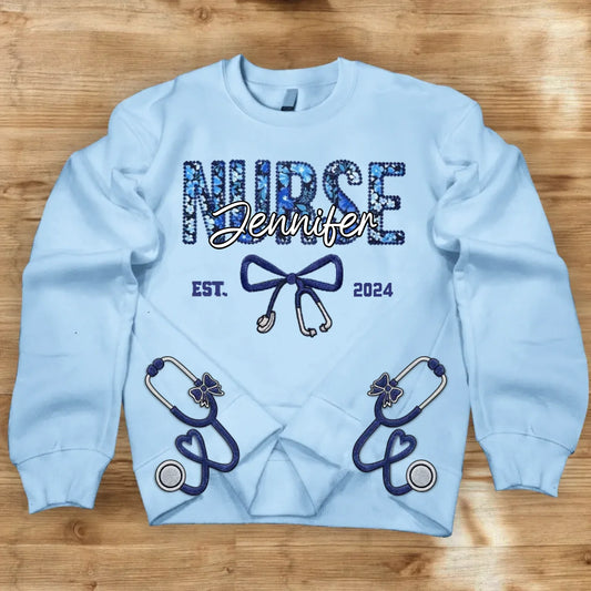 Personalized Nurse With Stethoscope Bow Appliqué Embroidered Sweatshirt - Gift Idea For Nurse