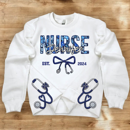 Personalized Nurse With Stethoscope Bow Appliqué Embroidered Sweatshirt - Gift Idea For Nurse