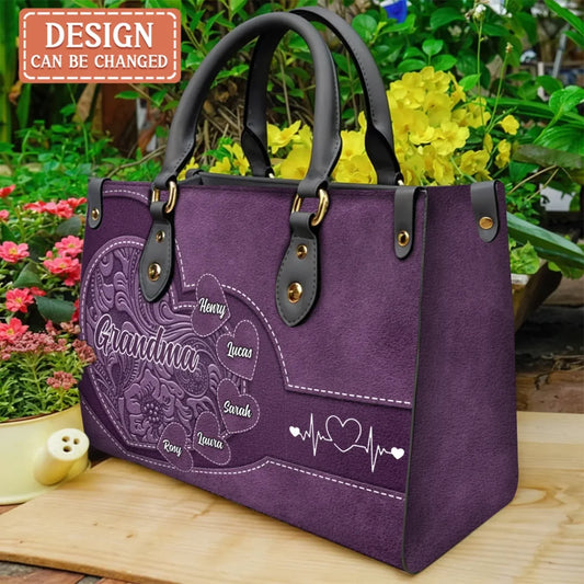 Personalized Mother PU Leather Handbag With Long Straps - Mother's Day Gift Idea For Grandma/Mom - Up to 7 Kids