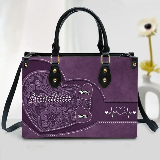 Personalized Mother PU Leather Handbag With Long Straps - Mother's Day Gift Idea For Grandma/Mom - Up to 7 Kids