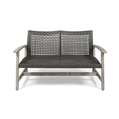Hampton Outdoor Wood and Wicker Loveseat - Gray
