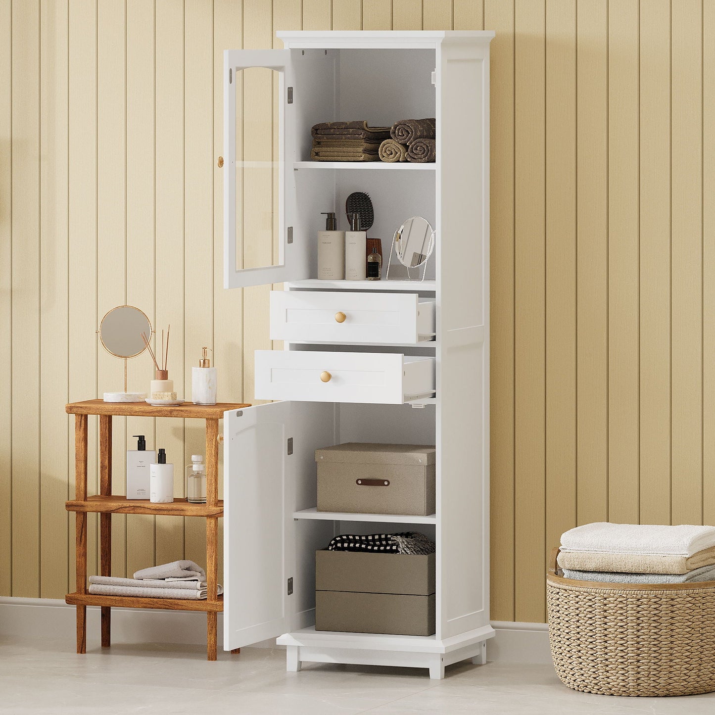 Tall Bathroom Storage Cabinet With Glass Doors, Free-Standing, Two Drawers, And Adjustable Shelves, Board, Painted Perfect For Displaying Your Favorite Items