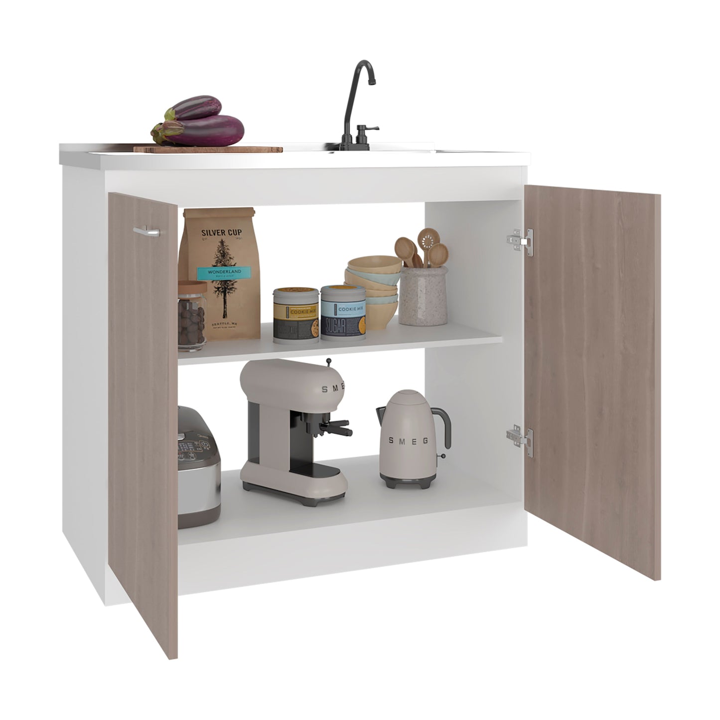 Salento Freestanding Sink, Double Door Cabinet, Two Shelves