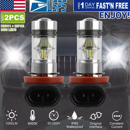 2PCS 1000lm 100W H8/H9/H11 LED Fog DRL Light Bulb IP65 Water-Resistant 360¡ Beam Angle 6000K White