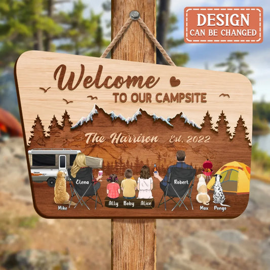 Personalized Camping Wooden Sign - Gift Idea For Camping Lover/Family - Parents/Couple With Up to 3 Kids And 3 Pets - Welcome To Our Campsite