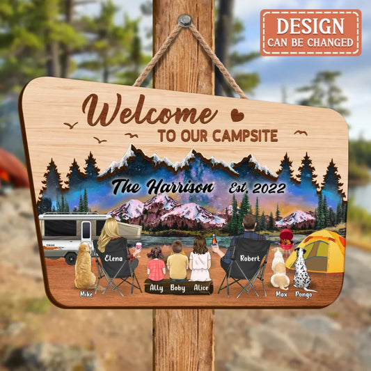 Personalized Camping Wooden Sign - Gift Idea For Camping Lover/Family - Parents/Couple With Up to 3 Kids And 3 Pets - Welcome To Our Campsite
