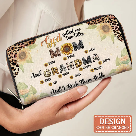 Personalized Mom Grandma Wallet - Leopard Print, Sunflower Design - Best Gift for Mother/Grandma