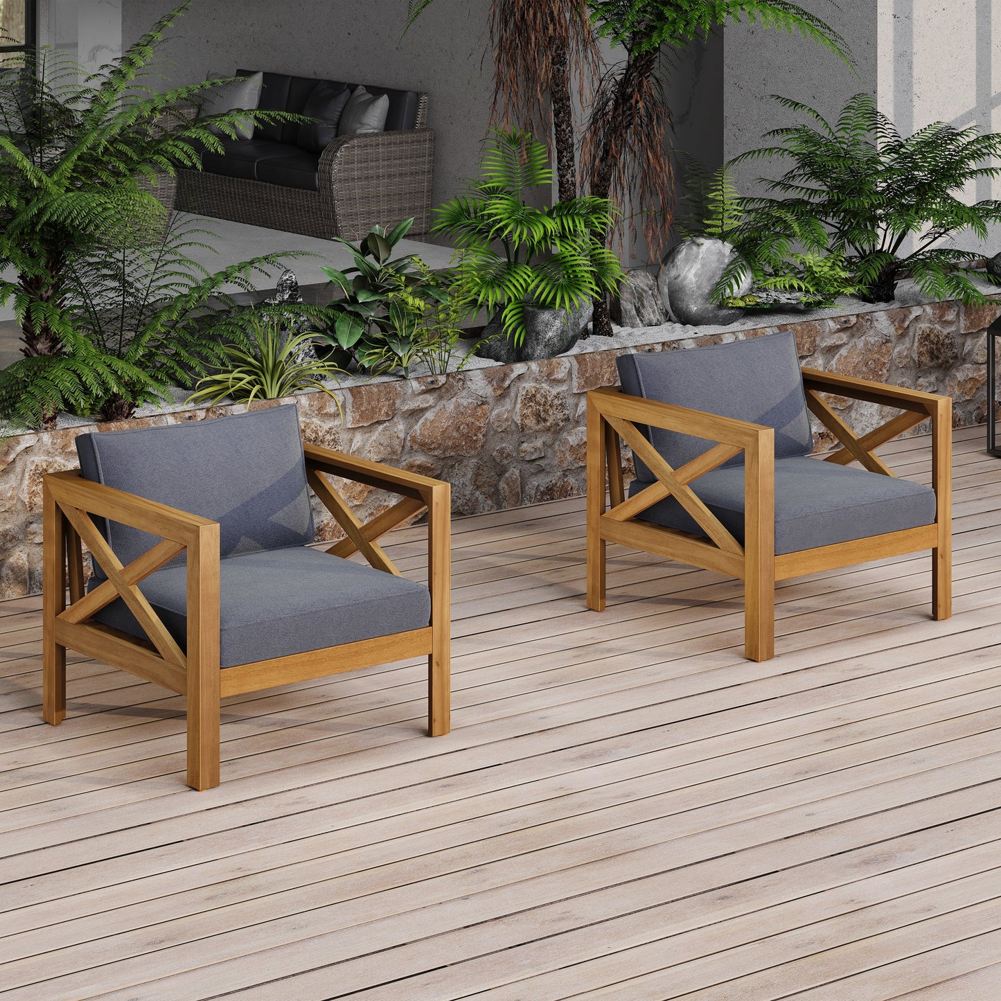 Patio Conversation Set with Foldable Acacia Wood Table and Cushioned Armchairs