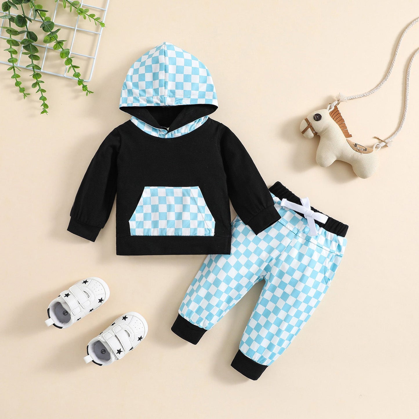Children's Autumn And Winter Sports Leisure Hooded Plaid Suit
