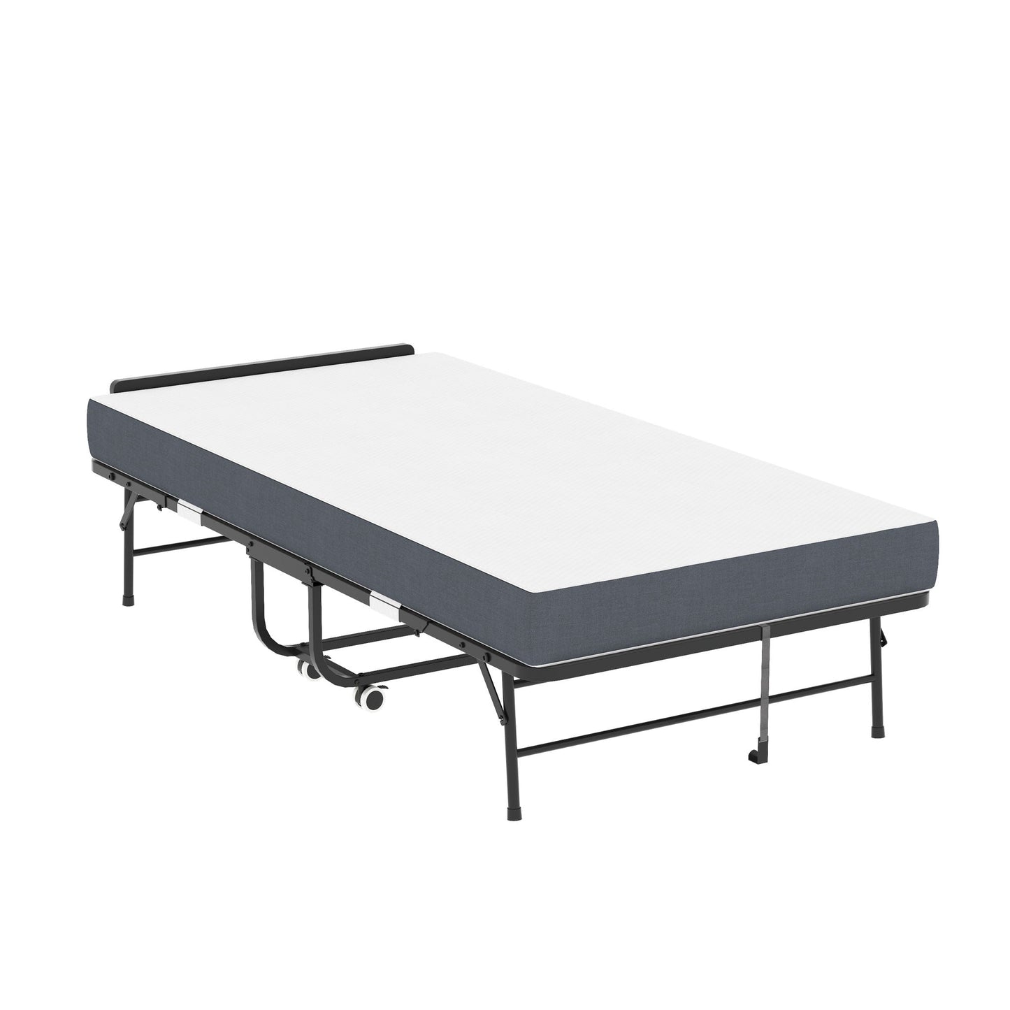 Twin Folding Bed With Adjustable Headboard, Memory Foam For Tall People, Heavy-Duty Portable On Wheels, Easy Assembly - Black