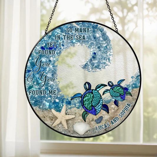 Personalized Sea Turtle Couple Stained Glass Suncatcher Hanging Ornamnent - Gift Idea For Couple / Mother's Day Gift To Wife From Husband