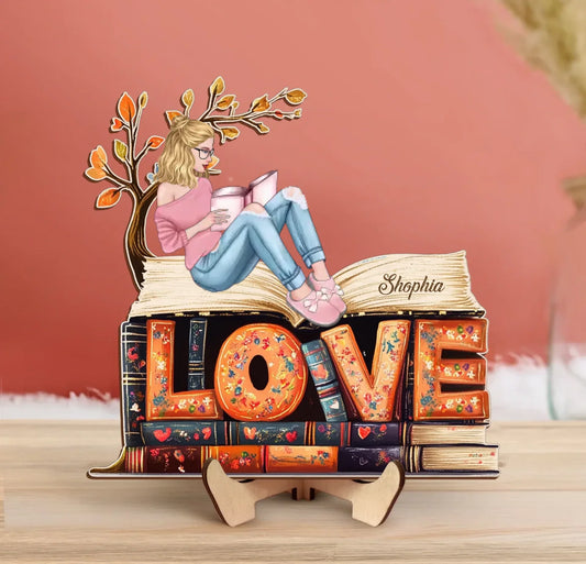 Personalized Reading Girl Wooden Art - Gift Idea For Book Lover - I Love Book
