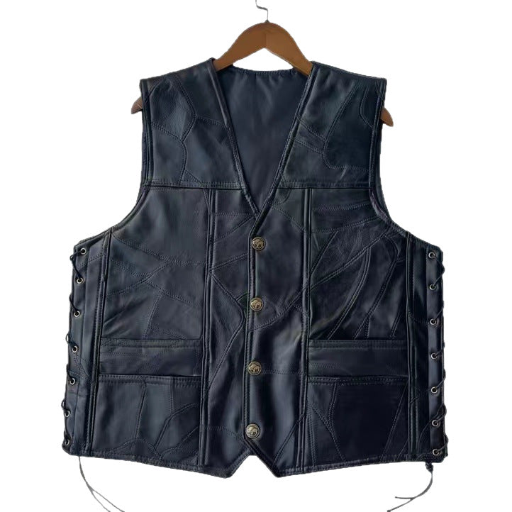Classic Leather Biker Vest Mens WaistcoatPatchwork Sleeveless Jacket