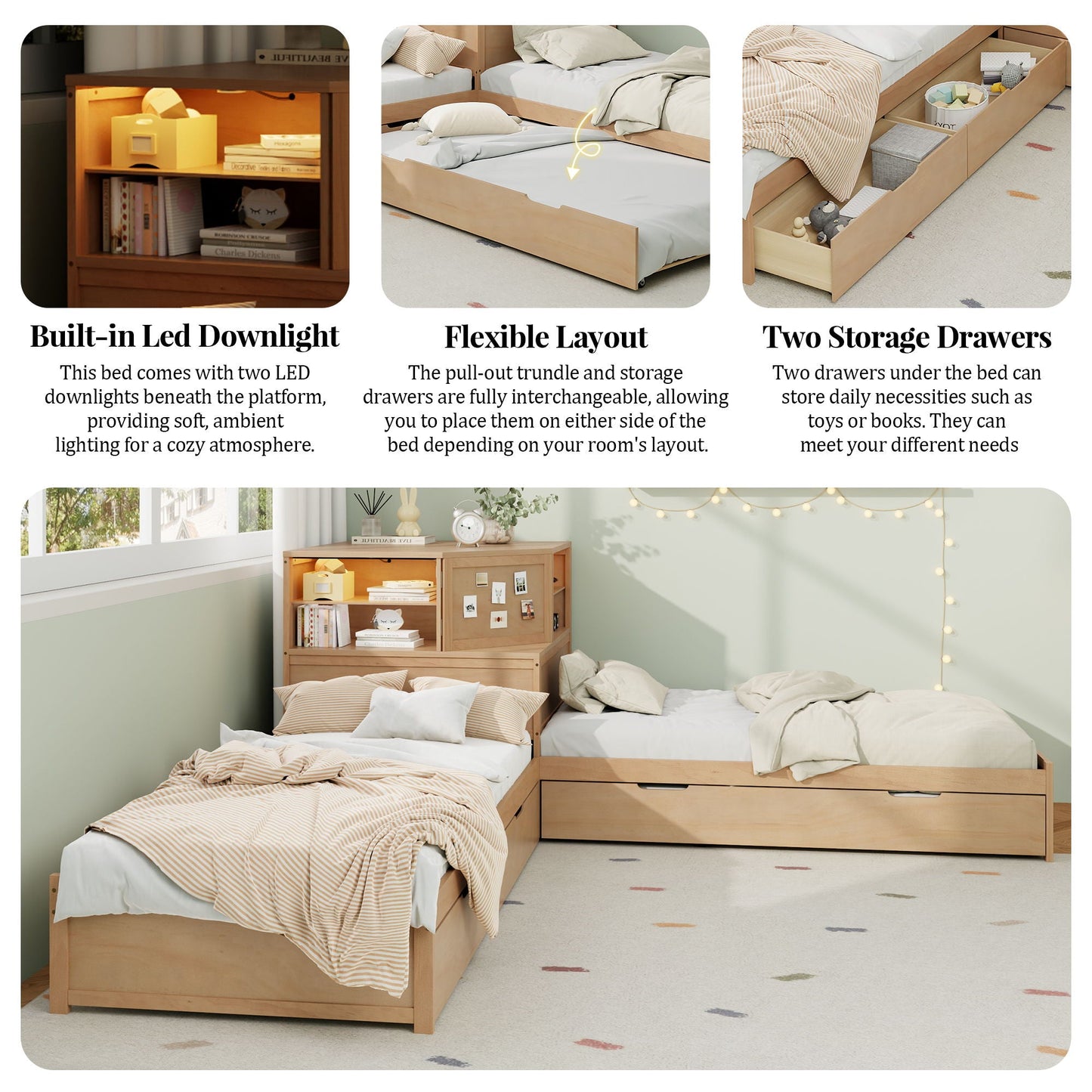 L-Shaped Bed Frame With Trundle, Built In Desk & LED Lighting