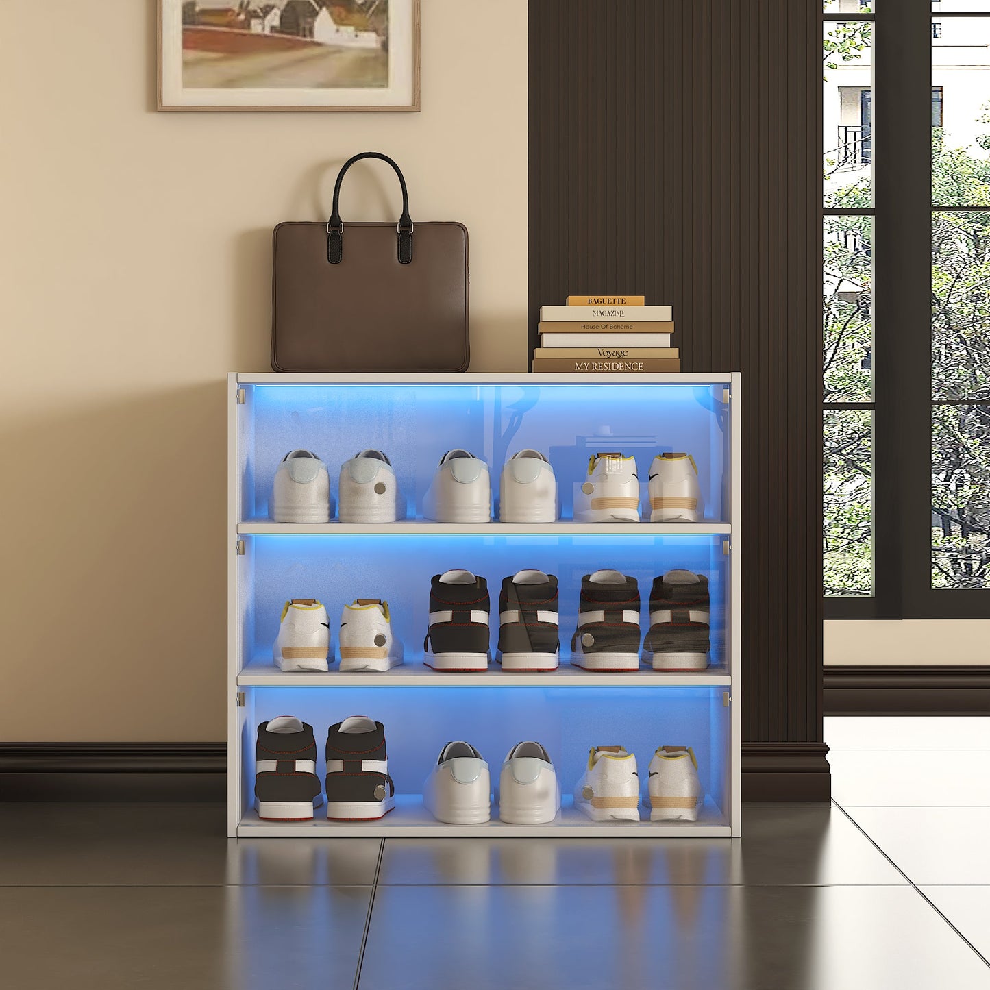 White Glass Door Shoe Storage Cabinet with RGB LED Light
