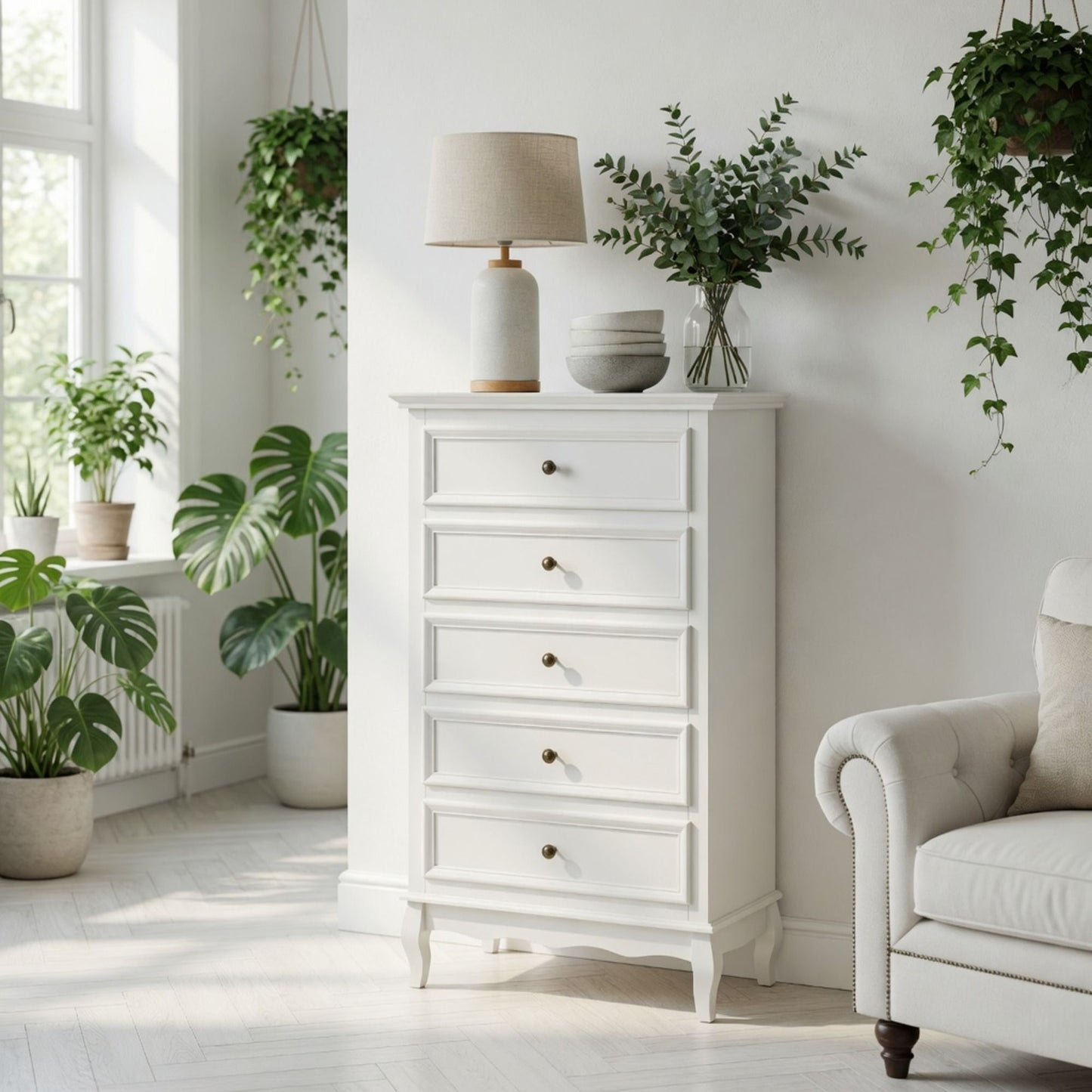 5 Drawer Tall Wide Chest Of Drawers - White