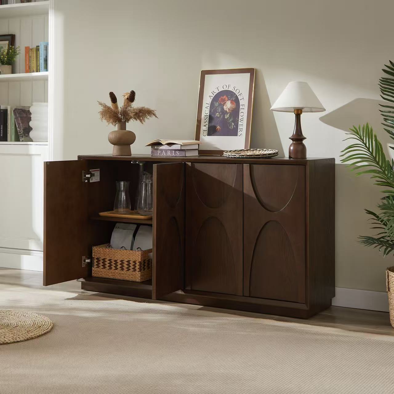 4 Door Accent Cabinet with Solid Wood Carved Doors