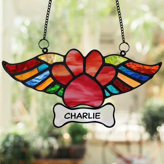 Personalized Memorial Paw Wings Hanging Suncatcher - Memorial Gift Idea For Dog Lover